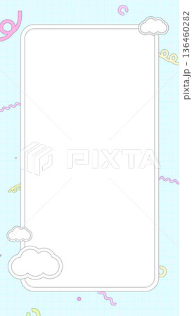 縦長で雲と図形が広がるレトロポップ背景水色 縦長で雲と図形が広がるレトロポップ背景水色 136460282