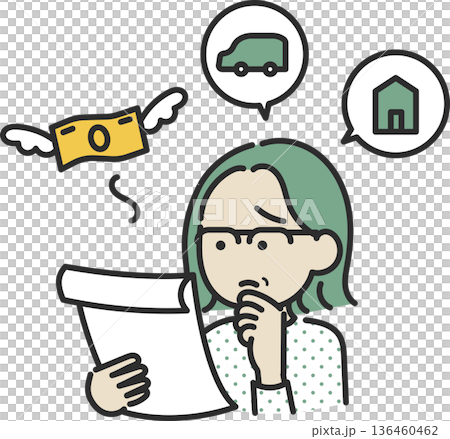 家や車のローンの支払いの書類を見る40代女性のイラスト 家や車のローンの支払いの書類を見る40代女性のイラスト 136460462