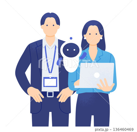 AIを活用するDXプロジェクトチーム。IDカードケースを身につけている男性とパソコンを持つ女性。 136460469