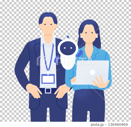 A DX project team utilizing AI. A man wearing an ID card case and a woman holding a computer. A DX project team utilizing AI. A man wearing an ID card case and a woman holding a computer. 136460469