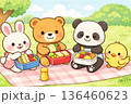 ピクニックでお弁当を楽しむ動物達の可愛いイラスト 136460623
