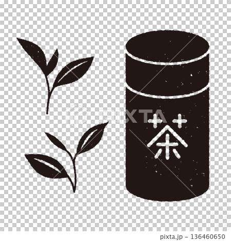 Print-style simple tea tin and tea leaf set, monochrome 136460650