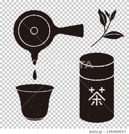 Print-style Japanese tea ceremony set, monochrome Print-style Japanese tea ceremony set, monochrome 136460653