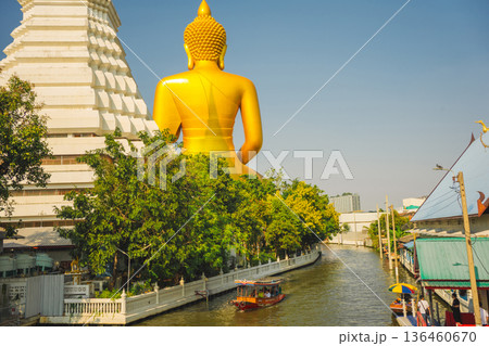 asia travel with large buddhist and beautiful temple with river at Bangkok Thailand in summer season 136460670