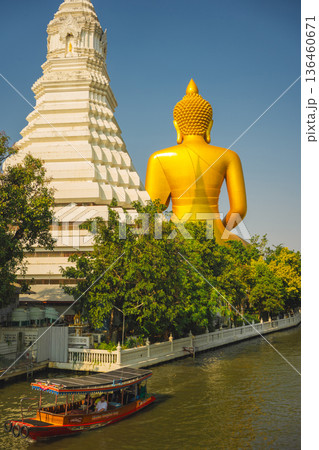 asia travel with large buddhist and beautiful temple with river at Bangkok Thailand in summer season 136460671
