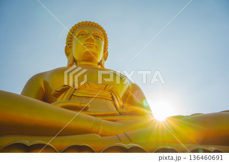 asia travel with large buddhist and beautiful temple with river at Bangkok Thailand in summer season 136460691