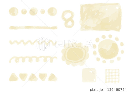 クリームイエローの水彩あしらい素材セット 8月｜夏休み・ひまわり・明るい季節感の装飾パーツ集 136460734