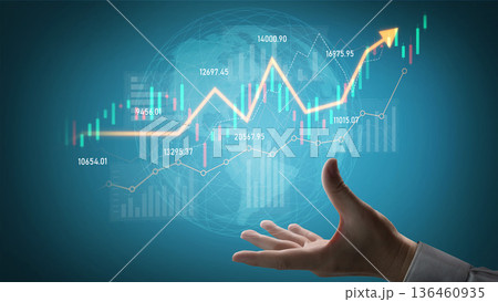 Hand Reaching Towards Growing Stock Market Graph with Upward Trend and Global Map Background, Symbolizing Investment Success and Financial Growth Scalp 136460935