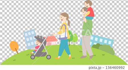 Mother pushing a stroller and family in the background 136460992