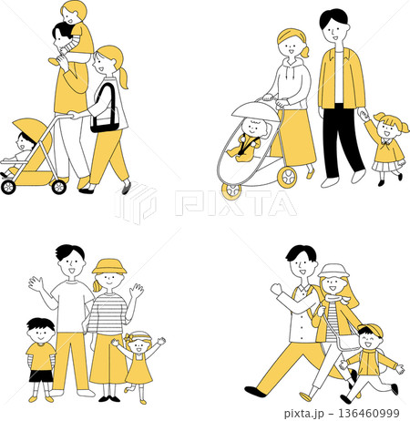 若い家族の集合イラストセット単色 136460999