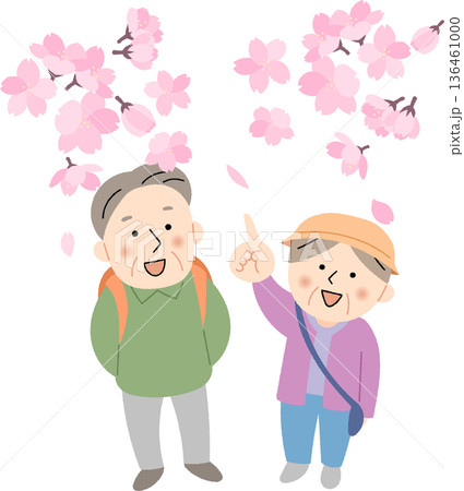 桜の中を散歩する高齢者 136461000