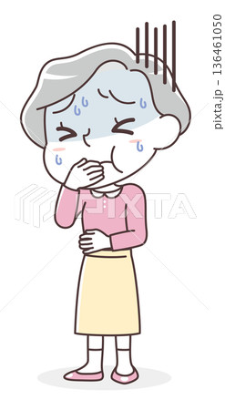 吐き気を感じて苦しむシニア女性のイラスト(嘔吐・体調不良) 吐き気を感じて苦しむシニア女性のイラスト(嘔吐・体調不良) 136461050