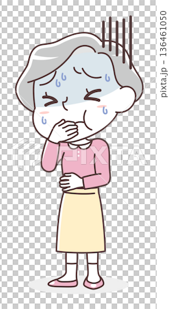Illustration of a senior woman suffering from nausea (vomiting, feeling unwell) 136461050