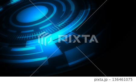 Futuristic blue HUD interface with glowing concentric circles and digital data visualization elements on dark background for high tech software concepts Futuristic blue HUD interface with glowing concentric circles and digital data visualization elements on dark background for high tech software concepts 136461075