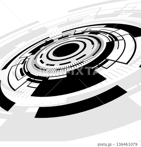 Futuristic circular HUD vector interface with high angle perspective and sci fi technology elements for UI design and digital displays 136461079