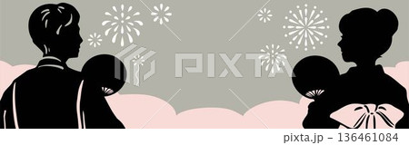 夏祭りと花火大会のバナー背景。浴衣姿の男女シルエットと打ち上げ花火のフレーム素材 136461084