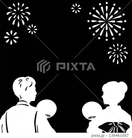 夏祭りと花火大会のweb用背景素材。浴衣姿の男女シルエットと夜空に舞う花火のフレーム 136461087