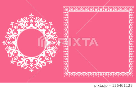 Set of decorative frames Elegant vector element for design in Eastern style, place for text. Floral pink and white frames. Lace illustration for invitations and greeting cards Set of decorative frames Elegant vector element for design in Eastern style, place for text. Floral pink and white frames. Lace illustration for invitations and greeting cards 136461125