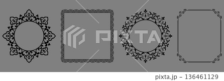 Set of decorative frames Elegant vector element for design in Eastern style, place for text. Floral black and gray frames. Lace illustration for invitations and greeting cards Set of decorative frames Elegant vector element for design in Eastern style, place for text. Floral black and gray frames. Lace illustration for invitations and greeting cards 136461129