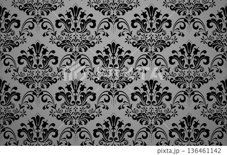 Wallpaper in the style of Baroque. Gray and black floral ornament. Seamless vector background. Graphic pattern for fabric, wallpaper, packaging. Ornate Damask flower illustration Wallpaper in the style of Baroque. Gray and black floral ornament. Seamless vector background. Graphic pattern for fabric, wallpaper, packaging. Ornate Damask flower illustration 136461142