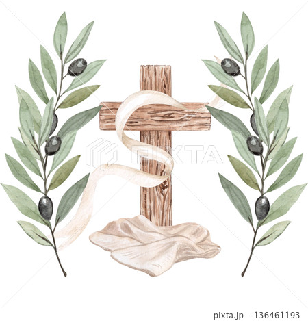 Cross with burial cloths beneath, flowing linen ribbon and olive branches watercolor illustration isolated on white. Perfect for Easter cards, Lent posters, church media, sermons, design, stationery. Cross with burial cloths beneath, flowing linen ribbon and olive branches watercolor illustration isolated on white. Perfect for Easter cards, Lent posters, church media, sermons, design, stationery. 136461193