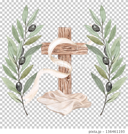 Cross with burial cloths beneath, flowing linen ribbon and olive branches watercolor illustration isolated on white. Perfect for Easter cards, Lent posters, church media, sermons, design, stationery. Cross with burial cloths beneath, flowing linen ribbon and olive branches watercolor illustration isolated on white. Perfect for Easter cards, Lent posters, church media, sermons, design, stationery. 136461193