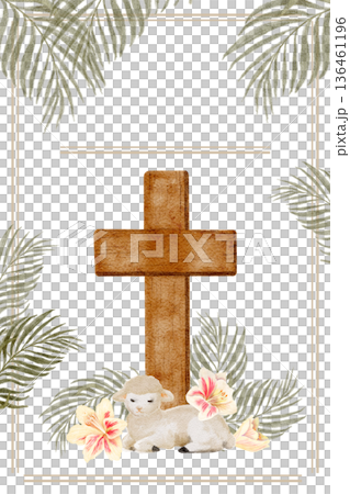 Watercolor poster with wooden cross, lilies, lamb at the base framed by palm branches, hand-painted in soft natural tones, ideal for Easter designs and church posters. Symbol of sacrifice and hope 136461196
