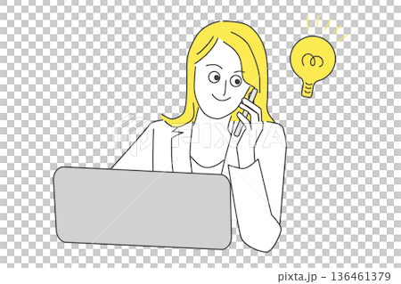 Business line drawing illustration of a woman with a flash of inspiration answering the phone in front of a computer Business line drawing illustration of a woman with a flash of inspiration answering the phone in front of a computer 136461379