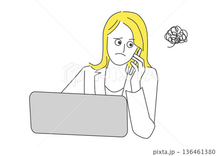 パソコンの前で電話対応をするモヤモヤした表情の女性のビジネス線画イラスト 136461380