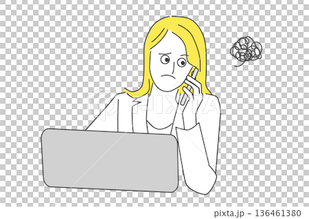 パソコンの前で電話対応をするモヤモヤした表情の女性のビジネス線画イラスト 136461380