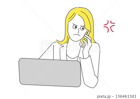パソコンの前で電話対応をする怒った表情の女性のビジネス線画イラスト 136461381