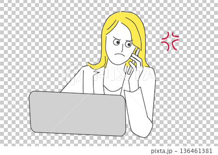 パソコンの前で電話対応をする怒った表情の女性のビジネス線画イラスト 136461381
