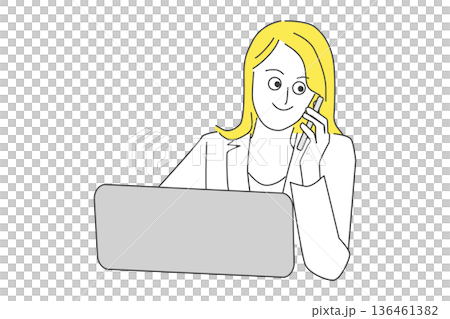 Business line drawing illustration of a woman answering the phone in front of a computer Business line drawing illustration of a woman answering the phone in front of a computer 136461382