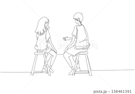 Continuous One Line Drawing of a Couple Sitting and Talking Together eps10 136461391