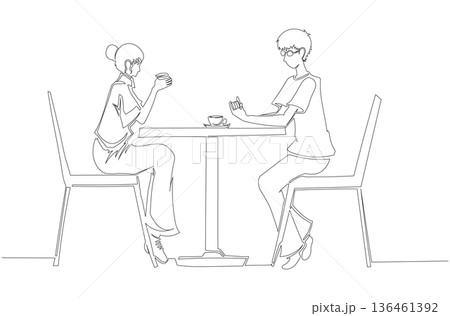 Continuous One Line Drawing of a Couple Drinking at a Table eps10 Continuous One Line Drawing of a Couple Drinking at a Table eps10 136461392