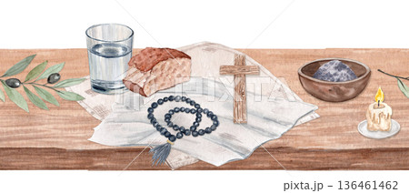 Wooden table with bread and water, rosary, cross, candle, bowl of ashes, olive branch seamless border on white. Horizontal watercolor background copy space, ideal for Lent designs, church media Wooden table with bread and water, rosary, cross, candle, bowl of ashes, olive branch seamless border on white. Horizontal watercolor background copy space, ideal for Lent designs, church media 136461462