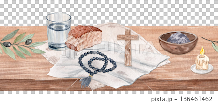 Wooden table with bread and water, rosary, cross, candle, bowl of ashes, olive branch seamless border on white. Horizontal watercolor background copy space, ideal for Lent designs, church media Wooden table with bread and water, rosary, cross, candle, bowl of ashes, olive branch seamless border on white. Horizontal watercolor background copy space, ideal for Lent designs, church media 136461462