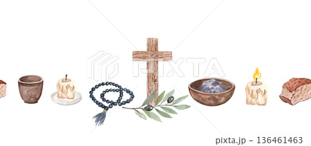 Wooden cross, rosary, bowl of ashes, candle, bread, olive branch seamless horizontal watercolor border on white with copy space perfect for for Lent church designs. White background. Christian symbols 136461463