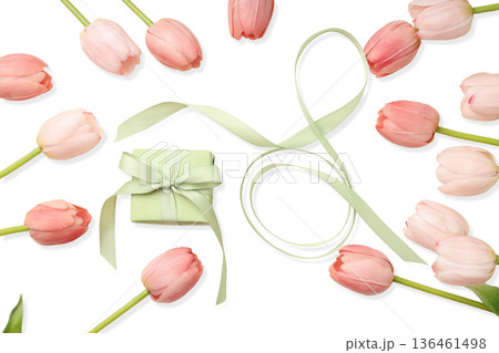 Tulips and a gift box bring holiday cheer, isolated, PNG Tulips and a gift box bring holiday cheer, isolated, PNG 136461498