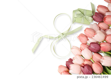 Tulips and gifts celebrate Women's Day, isolated, PNG 136461499