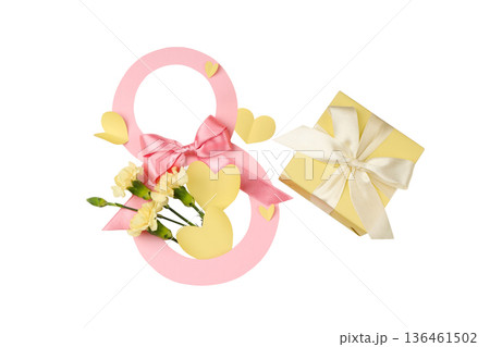 Decorative pink 8 made with hearts, flowers, and a gift, isolated, PNG 136461502