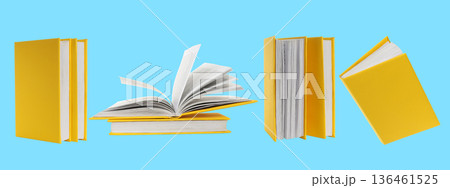 Yellow books with blank pages on blue background Yellow books with blank pages on blue background 136461525