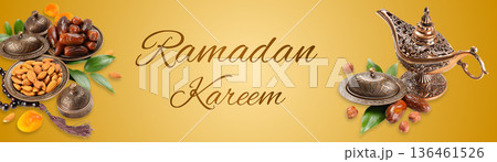 Festive display of dates, nuts, and Arabic coffee pot for Ramadan Festive display of dates, nuts, and Arabic coffee pot for Ramadan 136461526