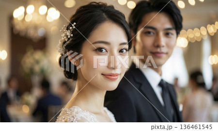 豪華な披露宴会場で微笑むウェディング姿の日本人新婦のポートレートと新郎 136461545