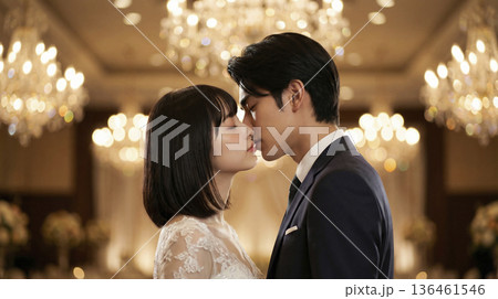 シャンデリアの下で見つめ合いキスをする寸前の日本人新郎新婦の横顔 シャンデリアの下で見つめ合いキスをする寸前の日本人新郎新婦の横顔 136461546