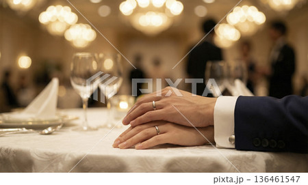 披露宴のテーブルに置かれた結婚指輪をつけた新郎新婦の重ねた手元のクローズアップ 披露宴のテーブルに置かれた結婚指輪をつけた新郎新婦の重ねた手元のクローズアップ 136461547
