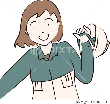 ヘルメットを持ち作業服を着た女性のイラスト　青色の制服 136461591