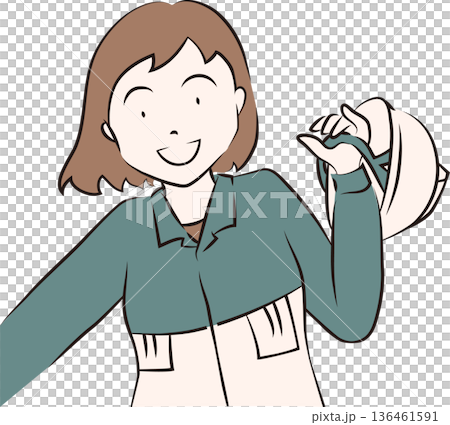 ヘルメットを持ち作業服を着た女性のイラスト　青色の制服 136461591