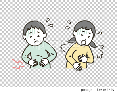 一名男孩因諾羅病毒或食物中毒而胃痛,一名女孩嘔吐。 一名男孩因諾羅病毒或食物中毒而胃痛,一名女孩嘔吐。 136461715