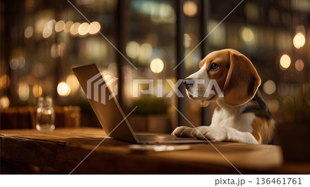 Beagle Working on Laptop at Night 136461761